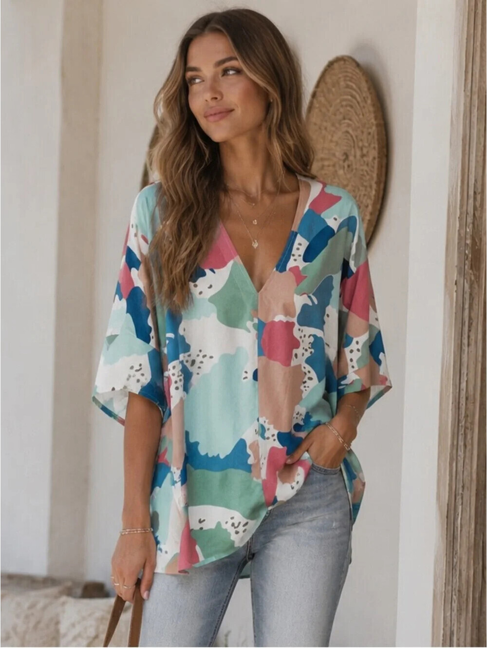 Jodifl Sz S NWT Mint Mix Multicolor Emily Short Sleeve Top V-neck Artsy Painter